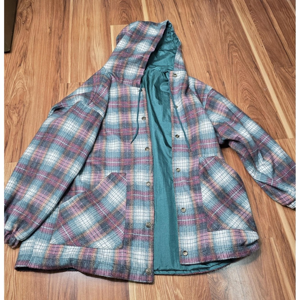 Vtg Center Aisle Reversible Jacket Womens Medium‎ Green Plaid Flannel Hooded 90s